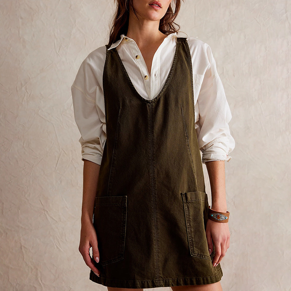 Cotton Blend Relaxed A-Line V-Neck Dress