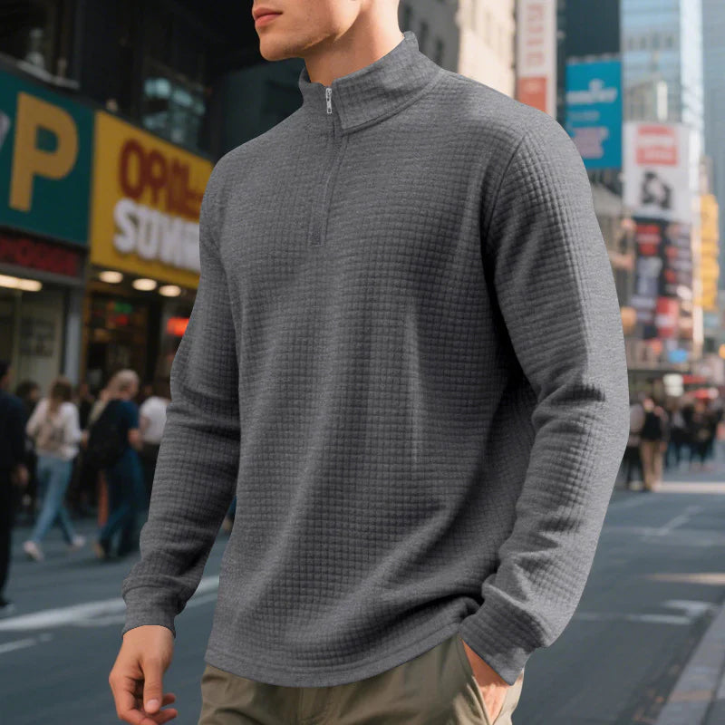 Quilted Textured Knit Quarter-Zip Sweater