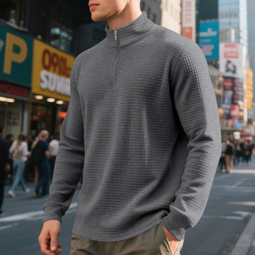 Quilted Textured Knit Quarter-Zip Sweater