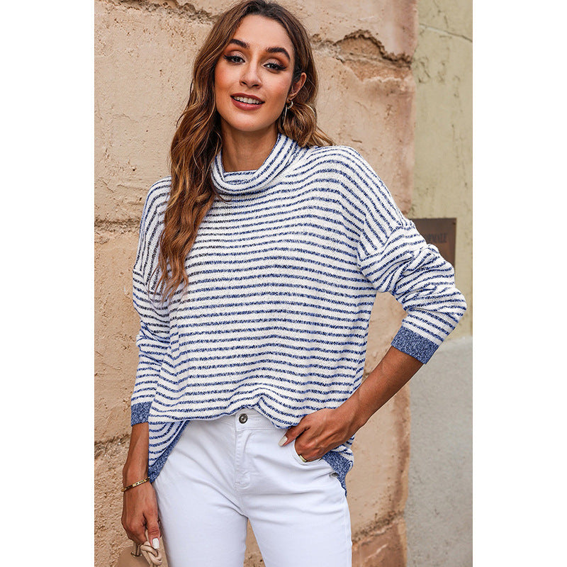 Wool Blend Striped Turtleneck Knit Top