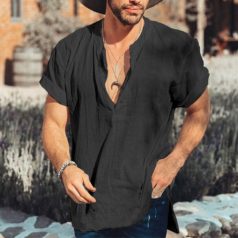 Men's Short-Sleeved Shirt – Relaxed Fit – V-Neck – Natural Fibers