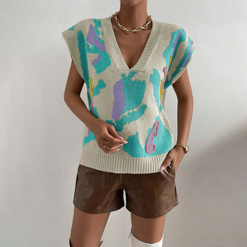 Dame Strikvest – Løs Pasform – V-Hals – Jacquard Mønster – Ribkant