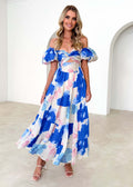 Dress for women – Maxi length – Loose fit – Puff sleeves – Cut-out waist – Layered skirt – Abstract print