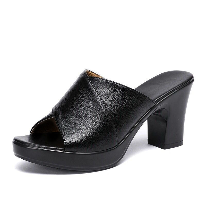 Women's sandals with heel – Leather upper – Block heel – Open toe – Cross strap design