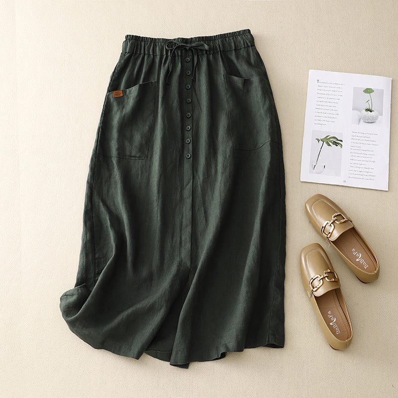 Women's Skirt – A-Line – Natural Fibers – Mid-Length – Lace Waist – Pockets