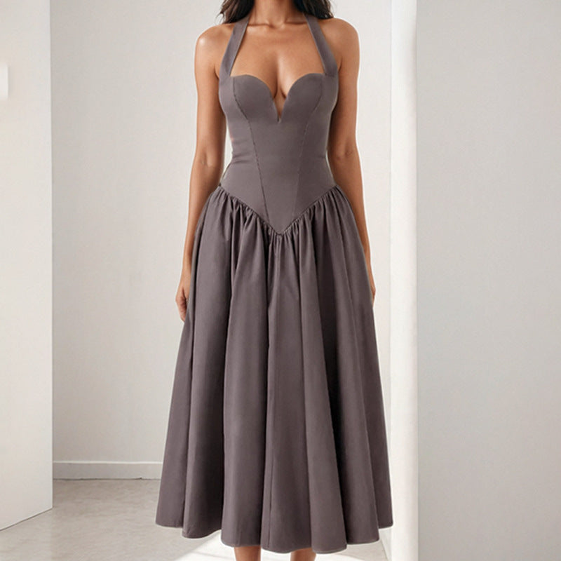 Dame Halterneck Midikjole – A-Line Pasform – Satin Look – Åben Ryg – Festklar