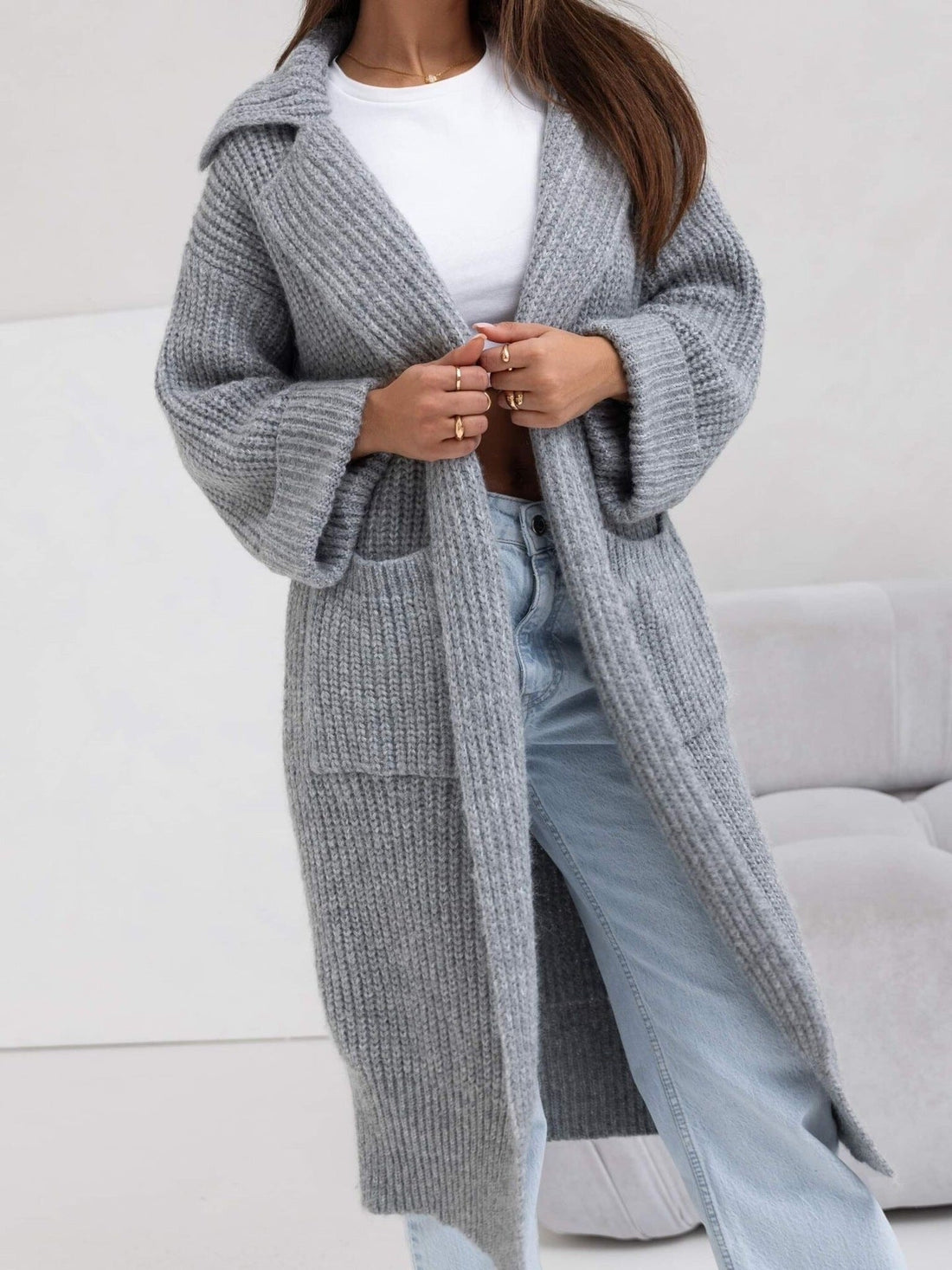 Hooded Wool Blend Oversized Knit Coat