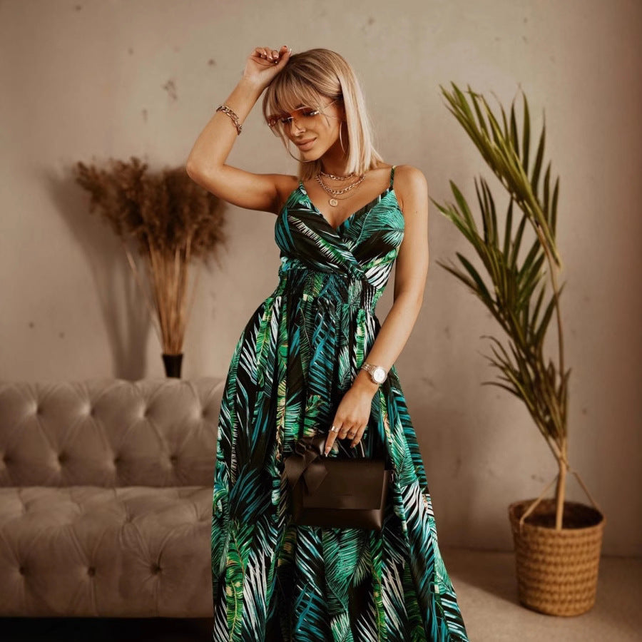 Dame Maxi Kjole – V-Hals Omslag – Justerbare Stropper – Blomsterprint – Figursyet Talje