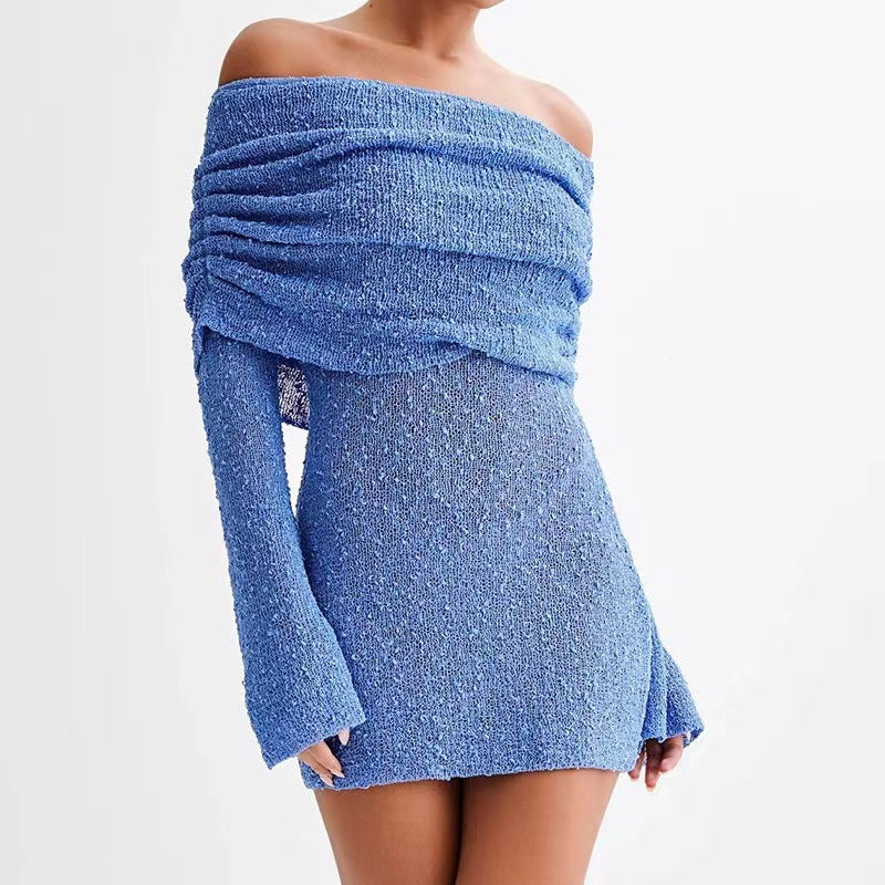 Dame Strandkjole – Off Shoulder – Slim Fit – Let Strik – Langærmet – Semi Transparent