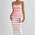 Women's Bodycon Dress – Slim Fit – Knit Fabric – Spaghetti Straps – Striped – Midi Length