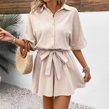 Light Cotton Short-Sleeved Belted Romper