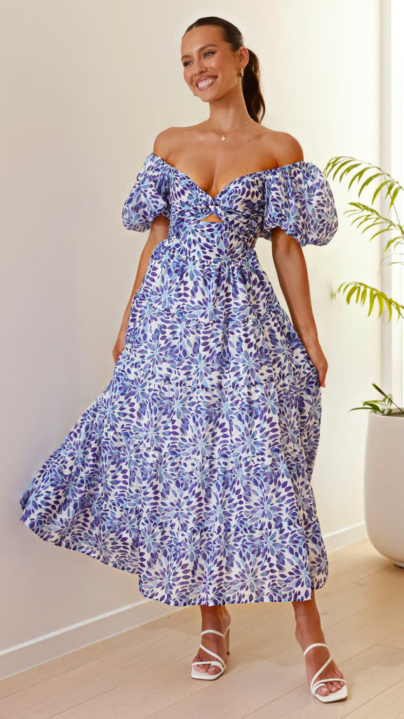 Dress for women – Maxi length – Loose fit – Puff sleeves – Cut-out waist – Layered skirt – Abstract print