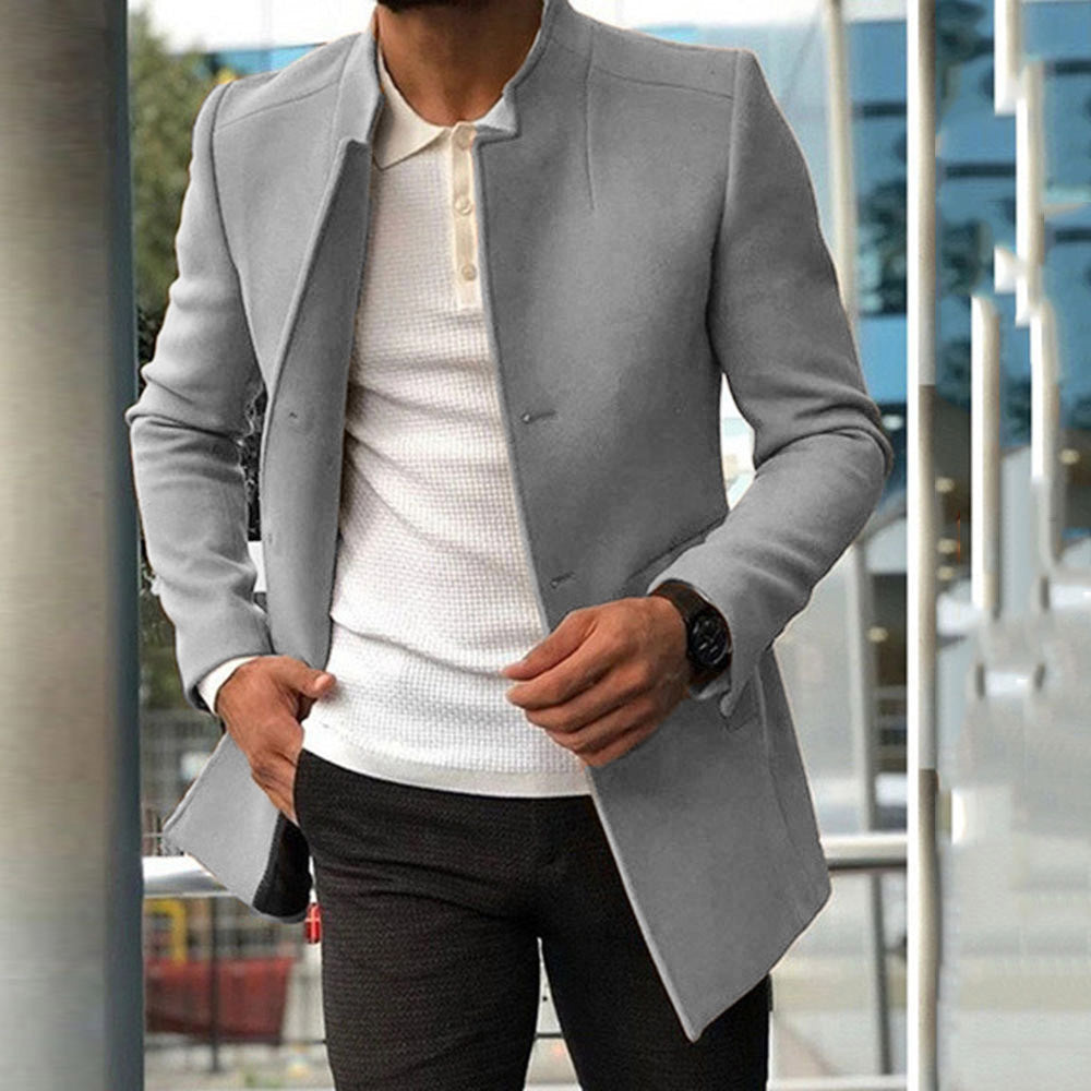 Men's Overcoat – Wool Blend – Slim Fit – Stand Collar – Hidden Closure
