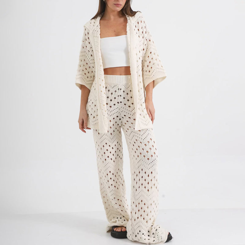 Open Short-Sleeved Wide-Leg Knit Set
