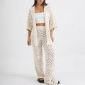 Women's knit set – Open short-sleeved top – High-waisted wide-leg pants