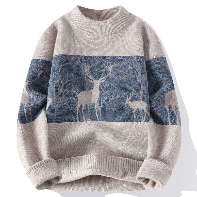 Deer Pattern Mock Neck Pullover Sweater