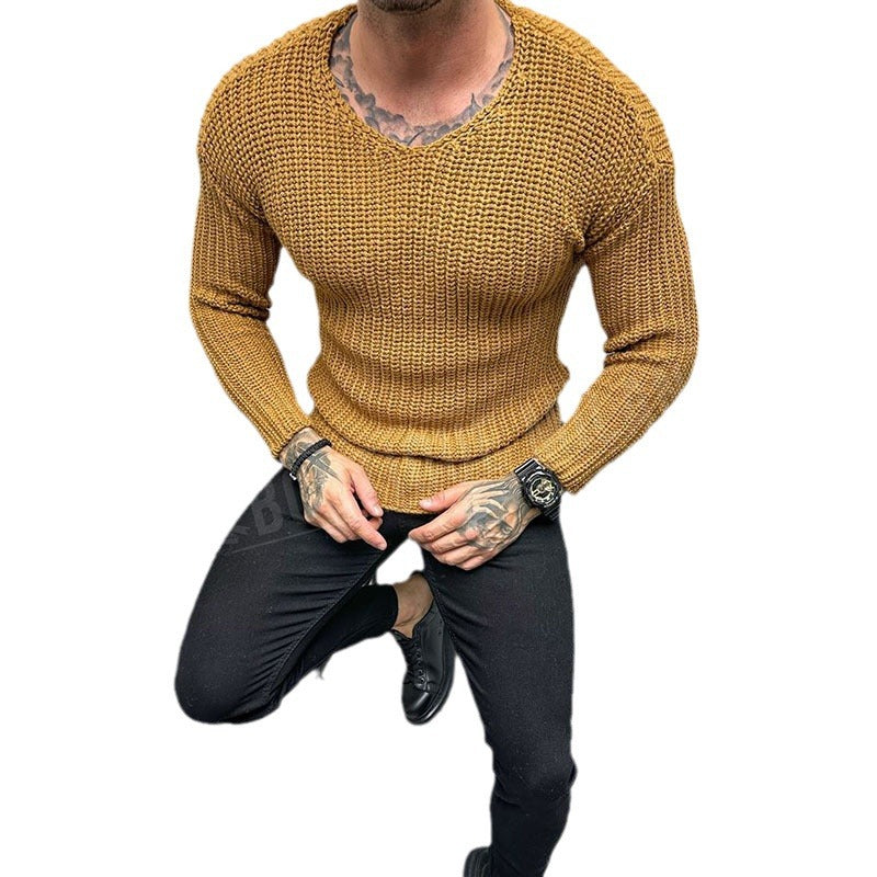 Men's Sweater – Slim Fit – Heavy Wool Knit – Round Neck – Long-Sleeved Casual Wear