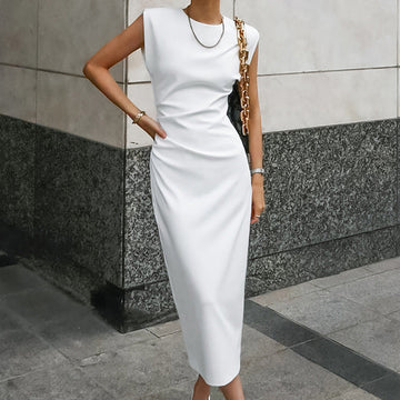 Tailored Satin High Neck Slit Dress