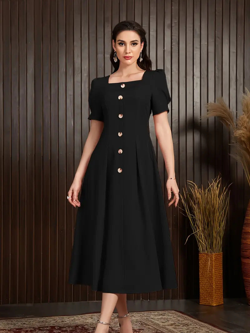 Women's Dress – Knit – Slim Fit – A-Line – Puff Sleeves – Button Closure – Midi