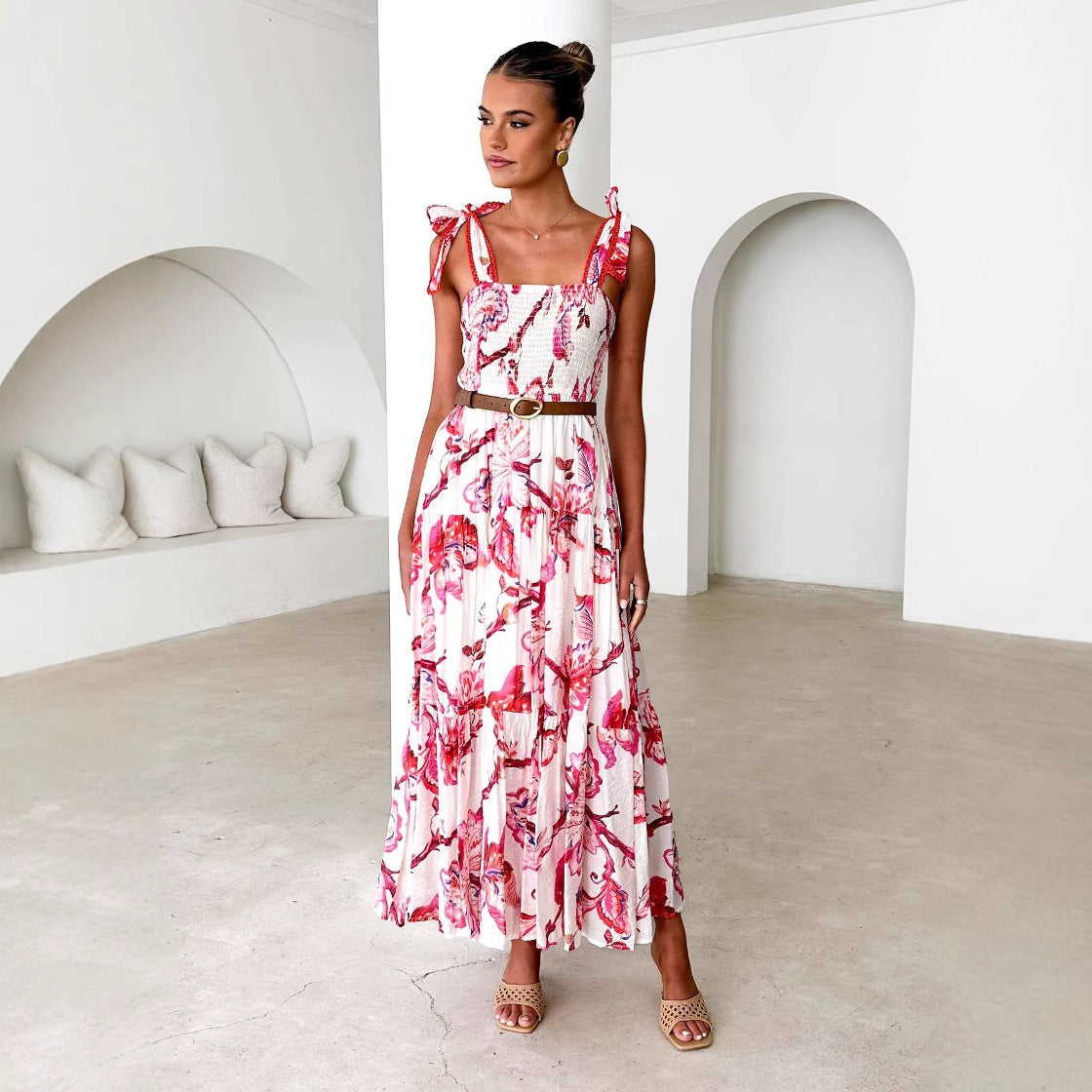 Women's Maxi Dress – Light Cotton – Shirred Bodice – Adjustable Straps – Floral Skirt