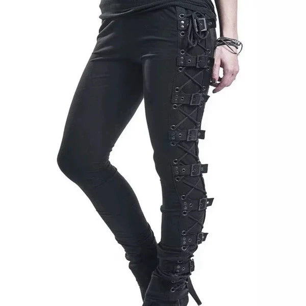 Side Lacing Buckle Stretch Skinny Pants