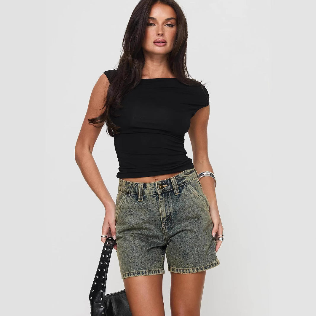 Dame Denim Shorts – Afslappet Pasform – Mellemhøj Talje – 5-Lommer Strukturdesign