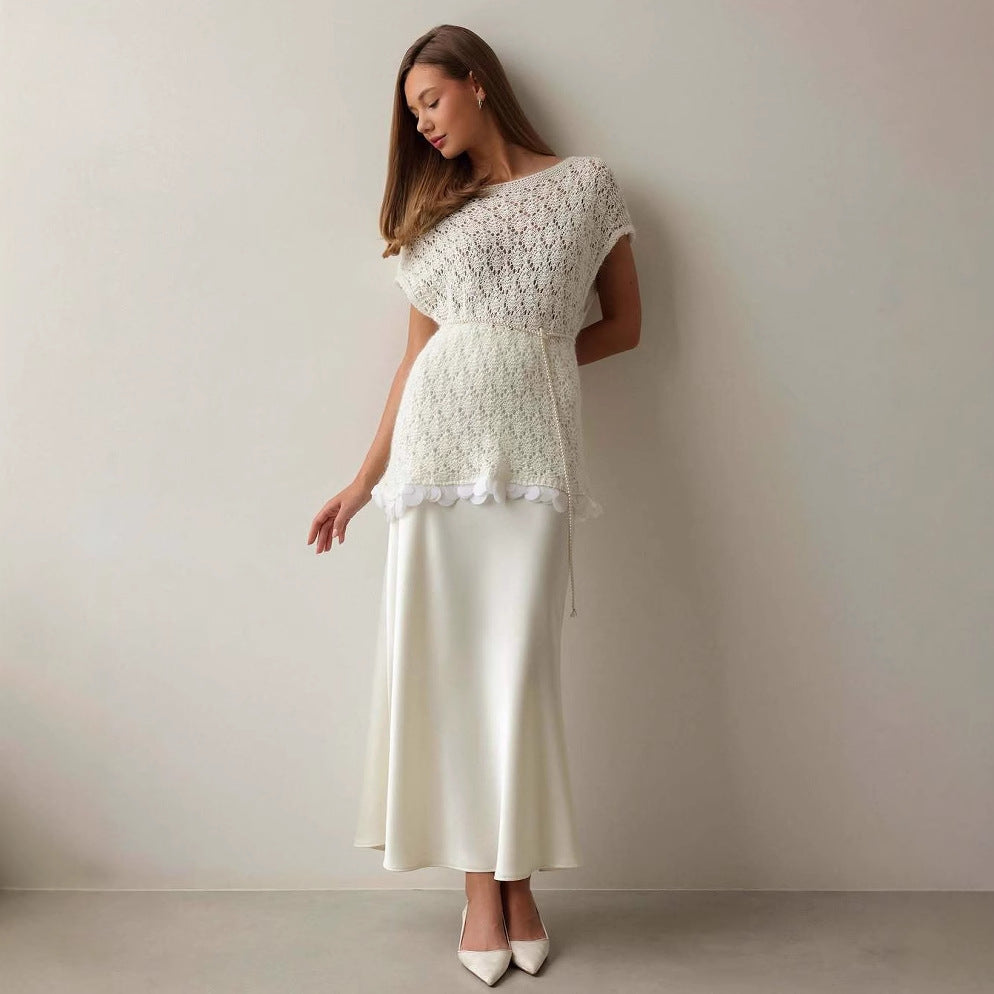 Women's Knit Blouse – Loose Fit – Lace Edge – Short Sleeve – Light and Breathable