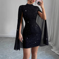 Dress for women – Slim fit – Glittering chiffon – Mini length – High neck – Evening wear