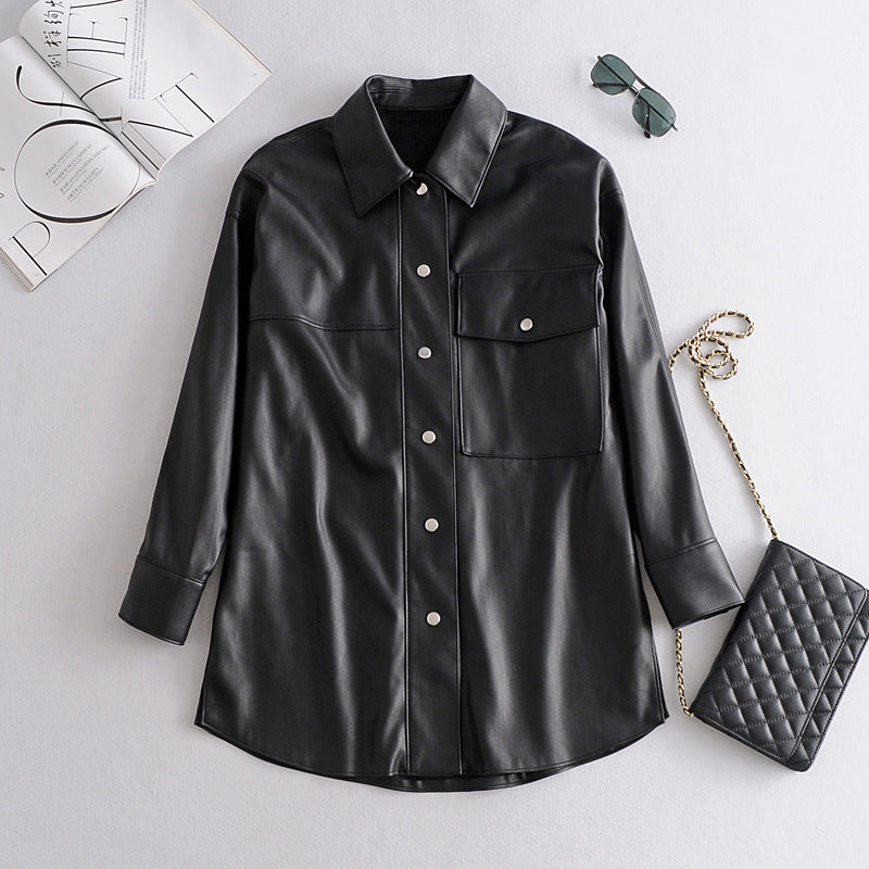 Faux Leather Snap Button Loose Fit Shirt Jacket