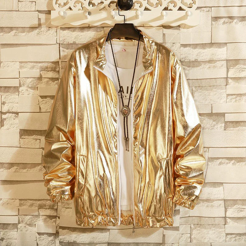 Glossy Loose Fit Collarless Zip-Up Jacket
