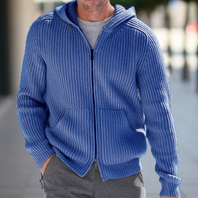 Men's Cardigan – Knit – Relaxed Fit – Hood – Ribbed Texture – Long Sleeves