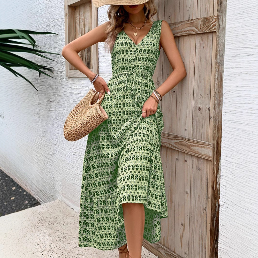 Women's Midi Dress – Sleeveless – Bohemian Print – V-neck – Waistband – Light and Airy