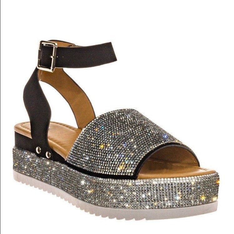 Adjustable Rhinestone Chunky Platform Sandals