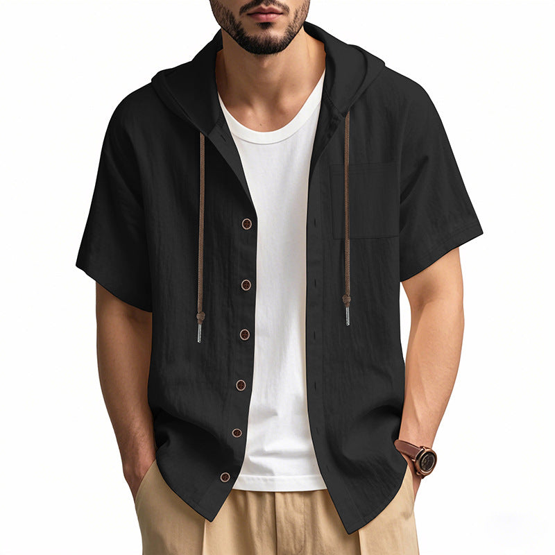 Men's Shirt with Hood – Linen Blend – Relaxed Fit – Short Sleeves – Button Closure