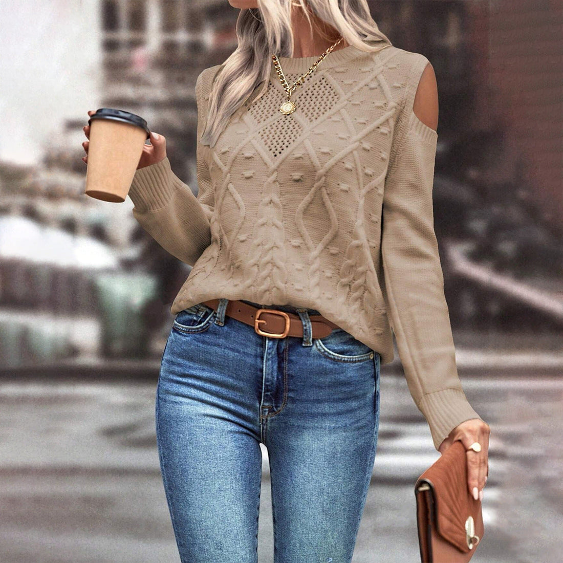 Cable Knit Open Shoulders Loose Sweater