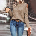 Women's Knit Sweater – Loose Fit – Open Shoulders – Cable Knit – Ribbed Cuffs