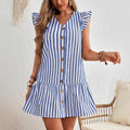 Women's Mini Dress – V-Neck – Ruched Sleeves – Button Closure – A-Line – Striped