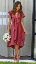 Women's Midi Dress – V-Neckline – Wrap Waist – Soft Sleeves – Asymmetric Hem