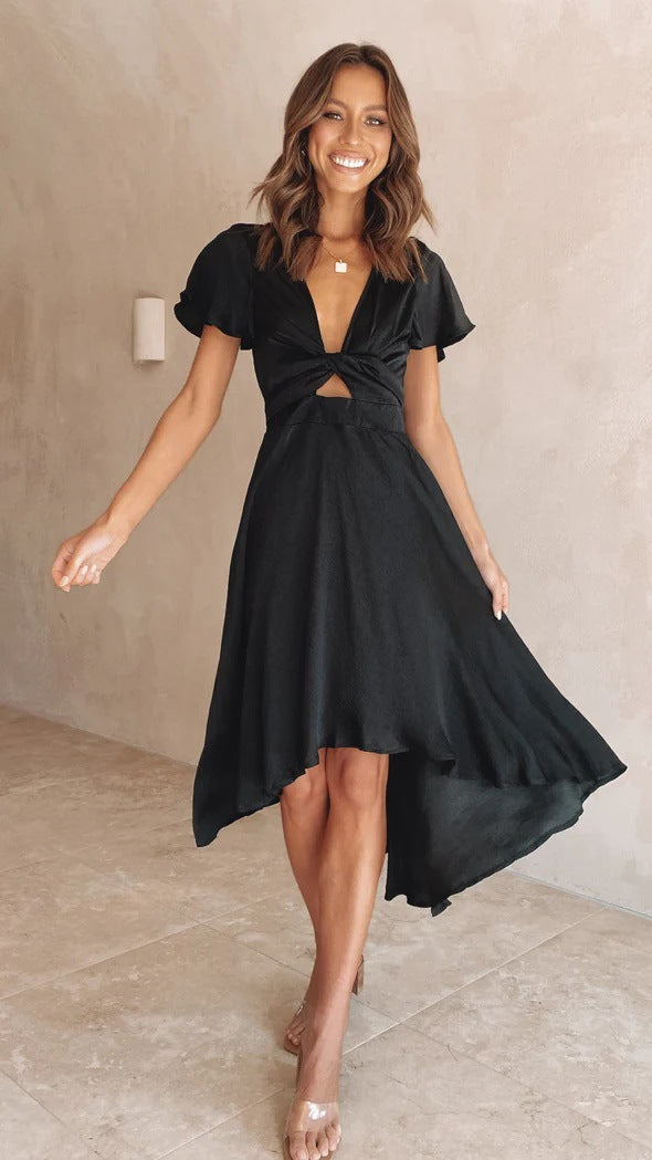 Women's Midi Dress – V-Neckline – Wrap Waist – Soft Sleeves – Asymmetric Hem