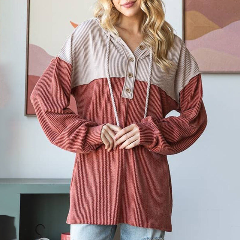 Color Block Ribbed Knit Henley Hoodie