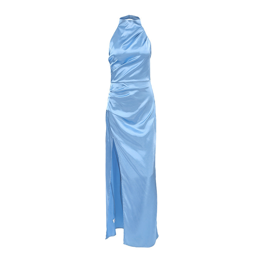 Women's Evening Dress – Satin – Figure-Hugging – Halterneck – High Slit – Floor-Length – Elegant