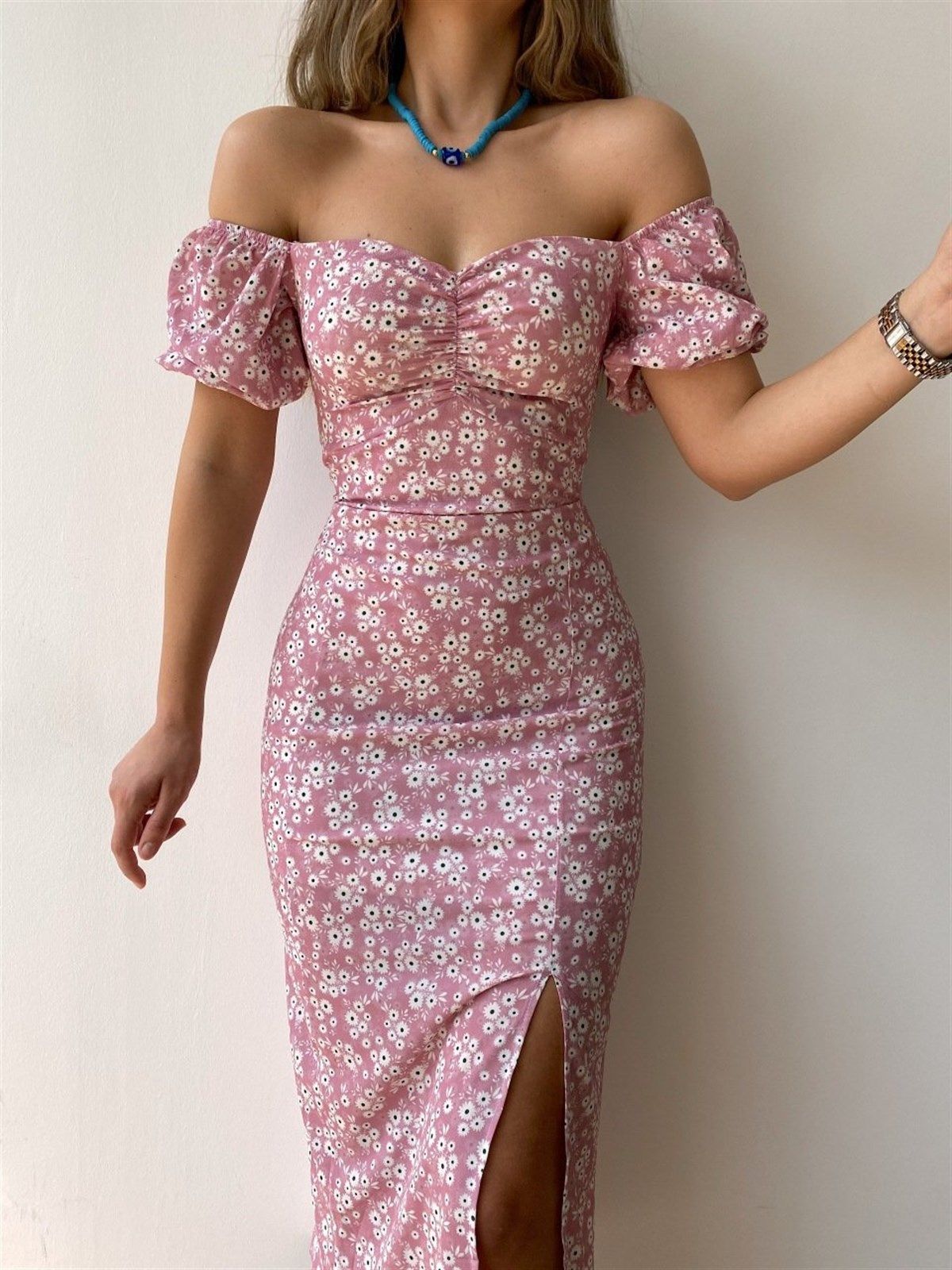 Dress for Women – Off-Shoulder Midi – Slim Fit – Ruched Waist – Slit – Puff Sleeves