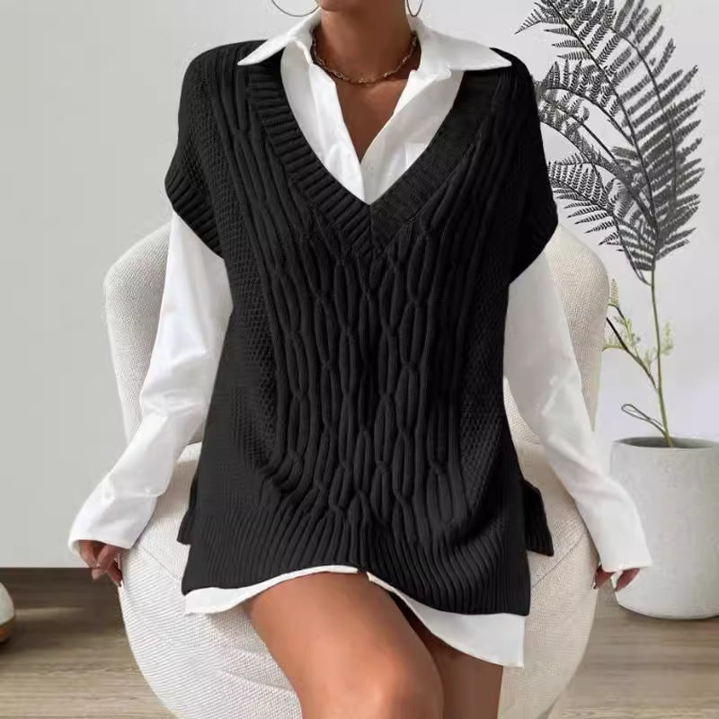 Oversized Cable Knit Deep V-Neck Sweater Vest