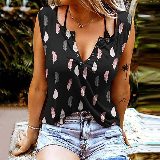 Feather Print V-Neck Relaxed Sleeveless T-Shirt
