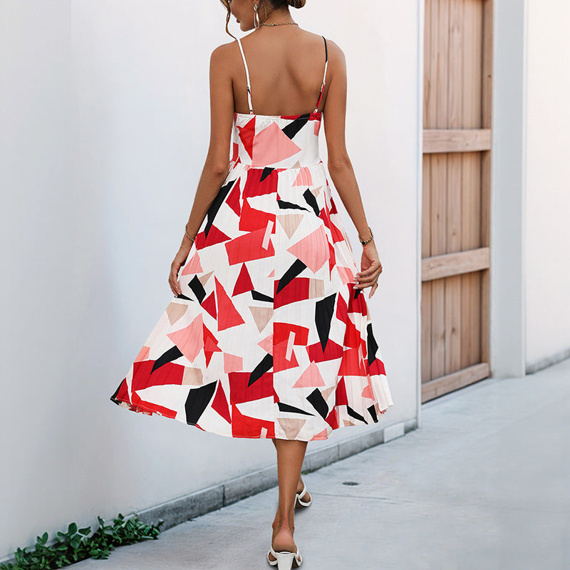 Women's A-line dress – Mid-length – Breathable lightweight material – Geometric pattern – Spaghetti straps
