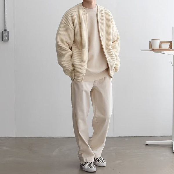 Men’s Cardigan Jacket - Cotton Blend - Oversized Fit - Band Collar - Full Zip Closure