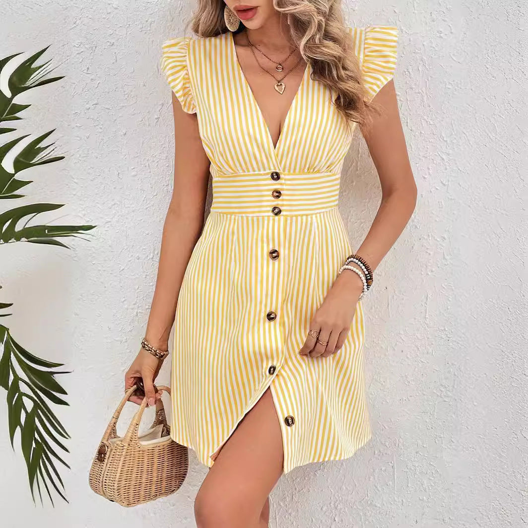 Striped Ruffle Sleeve A-Line Dress