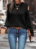 Women's Knit Sweater – Loose Fit – Open Shoulders – Cable Knit – Ribbed Cuffs