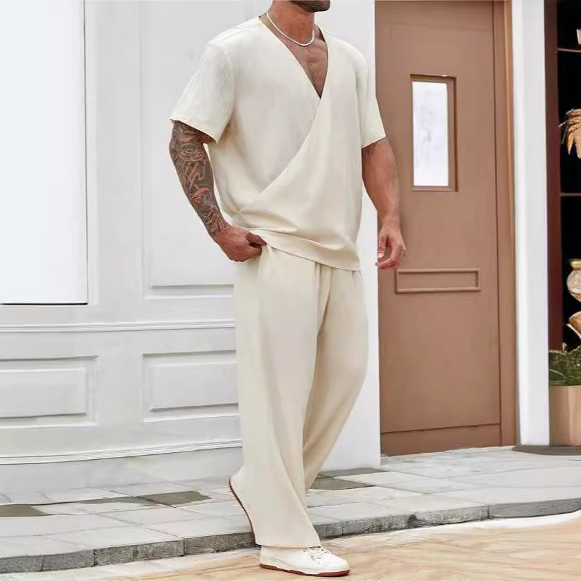 Men's Suit – Relaxed Fit – V-neck Short-sleeved Top – Lightweight Long Pants