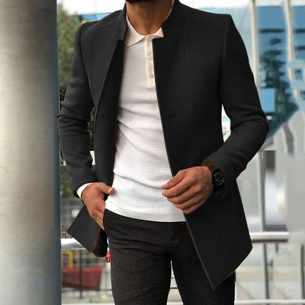 Men's Overcoat – Wool Blend – Slim Fit – Stand Collar – Hidden Closure